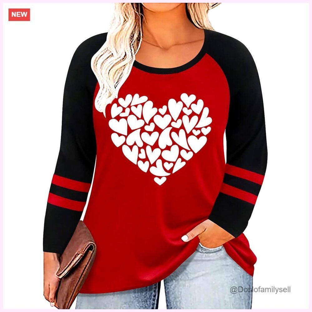 Plus Size Long Sleeve Graphic T-Shirt Oversized Love Heart Design Casual Chic